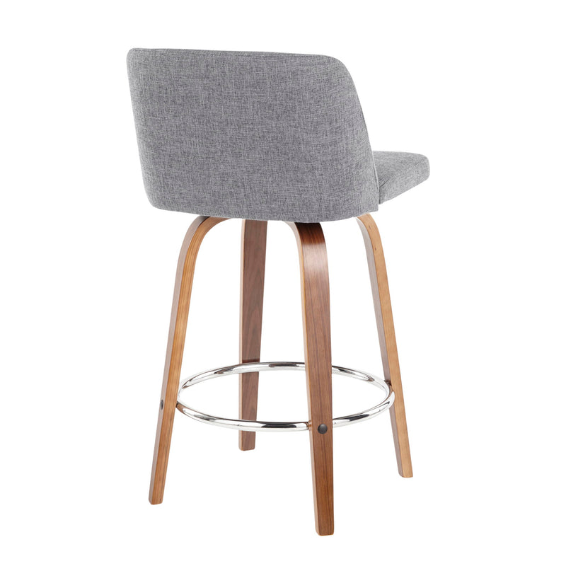Lumi Source Toriano mid-century modern fixed height counter stool set with round footrest, featuring sleek design and wooden legs.