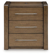 Brown Marxmore nightstand with three drawers and built-in charging station, made by Benchcraft® for convenient bedside storage.