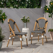 Noble House outdoor rattan and aluminum French bistro chair set with woven seats and curved backs, perfect for patio dining.