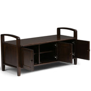 Warm Shaker handcrafted entryway storage bench by Simpli-Home with wooden finish and built-in storage compartments.