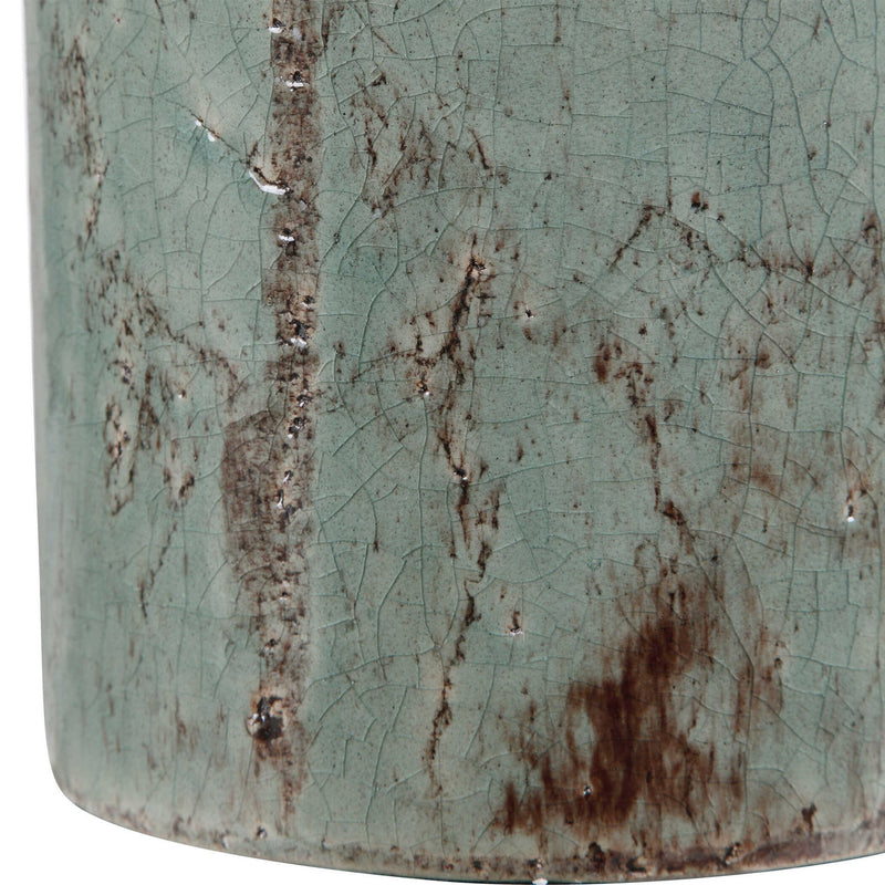 Uttermost Callais crackled aqua table lamp with a textured ceramic base and fabric shade, perfect for accent lighting.