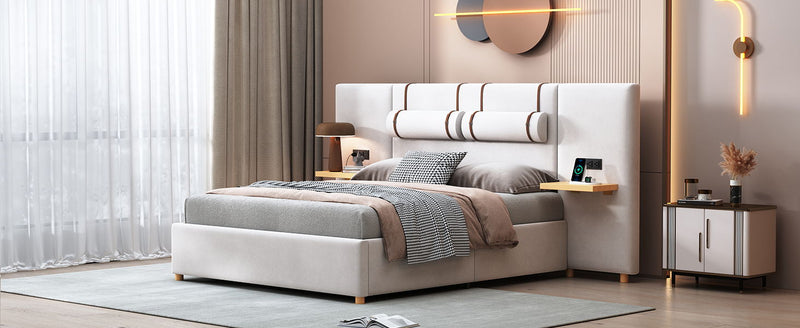 Upholstered Platform Bed, 2 Outlets And USB Charging Ports On Both Sides, 2 Bedside Pillows, Storage Shelves - R&R Furniture Gallery (Fountain Valley, CA)