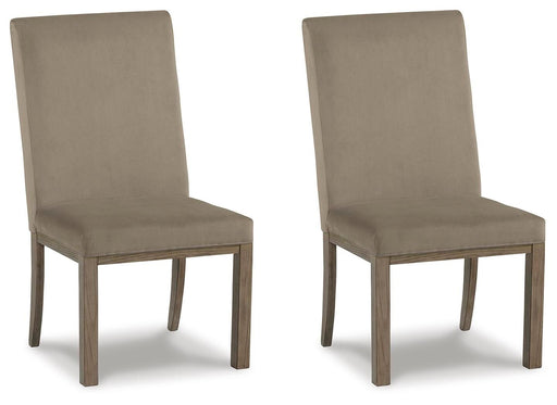 Set of two Gray and Brown Chrestner Dining UPH Side Chairs by Signature Design Ashley, featuring modern upholstered seating.