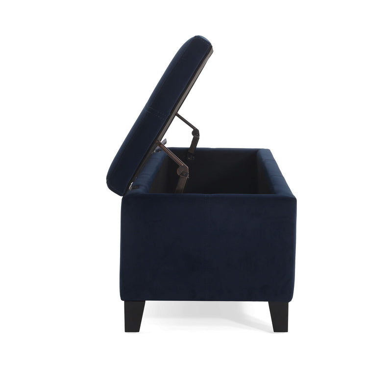 Noble House upholstered storage ottoman bench with cushioned top and wooden legs, ideal for living room or bedroom storage.