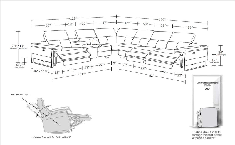 1246 - 7-Piece L-Shaped Modular Power Reclining Sectional With 3 Power Recliners And Power Headrests