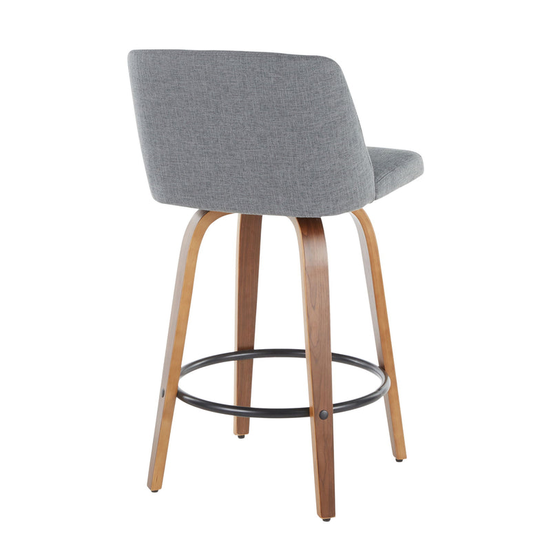 Set of two Lumi Source Toriano mid-century modern counter stools with wooden seats and black metal legs.