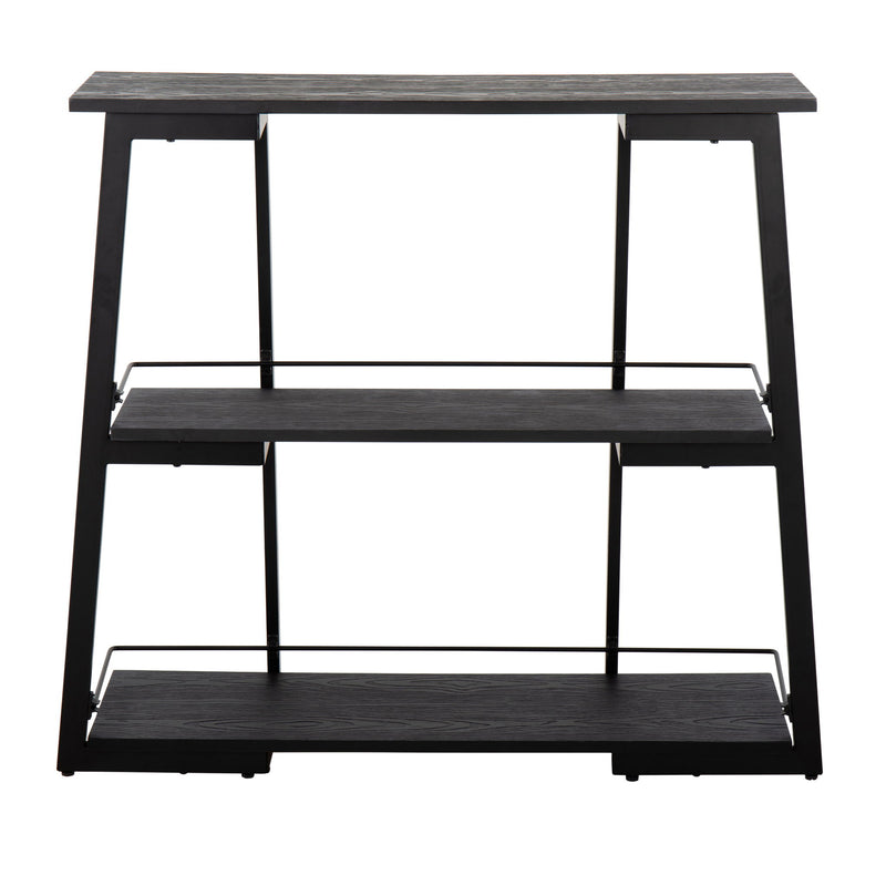 Lumi Source Converge industrial black bookcase with metal frame and wooden shelves, showcasing a modern storage solution.