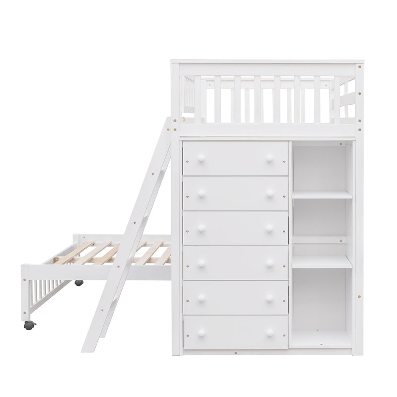 DreamHaus bunk bed with six drawers, flexible shelves, and a bottom bed on wheels, designed for versatile and functional bedroom storage.
