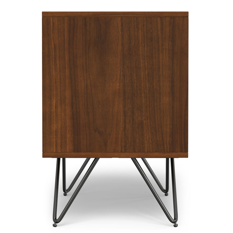 Simpli-Home Hunter accent nightstand with a wooden finish, featuring a single drawer and open shelf for bedside storage.