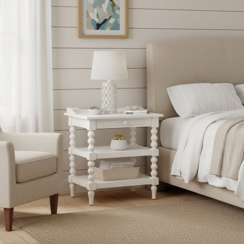 Aria - Nightstand With Styling, 2 Shelves, Pull Out Tray, Spool Turned Legs - Antique White - R&R Furniture Gallery (Fountain Valley, CA)