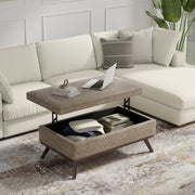 Simpli-Home Owen multifunctional square coffee table with storage ottoman, featuring a cushioned top and spacious interior.