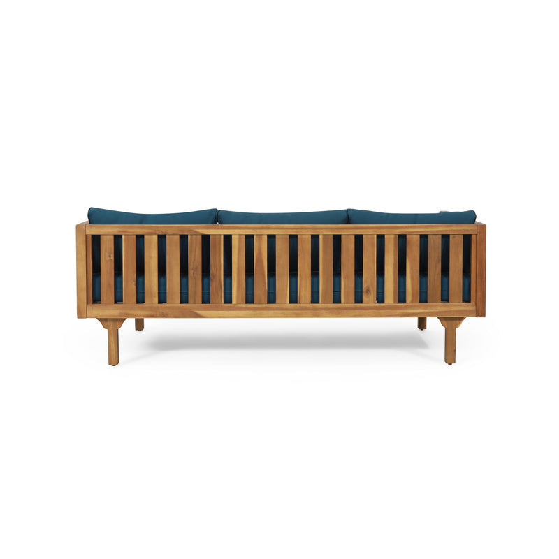 Noble House Claremont 3-seater teak acacia wood daybed sofa with water-resistant cushions, outdoor furniture for relaxing spaces.