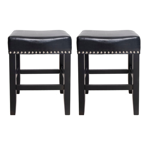 Noble House Soltique backless dining counter stool set with nailhead trim, featuring dark wood legs and upholstered seats.