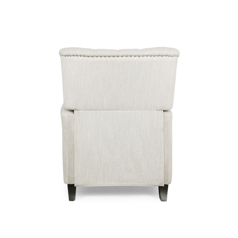 Noble House Welch contemporary tufted pushback recliner in neutral fabric, showcasing its plush, padded back and armrests.