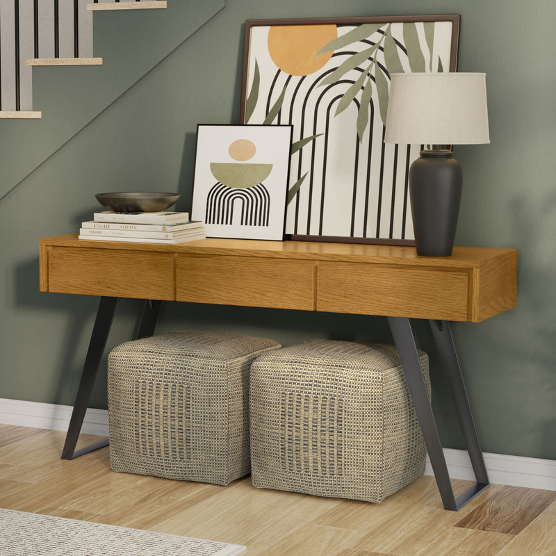 Simpli-Home Lowry oak console sofa table with sleek design and sturdy legs, ideal for entryways or living room decor.