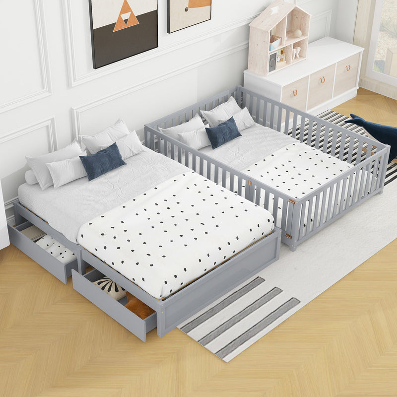 DreamHaus storage daybed with fence guardrails, two drawers, and split design, showcasing the versatile floor bed and daybed setup.