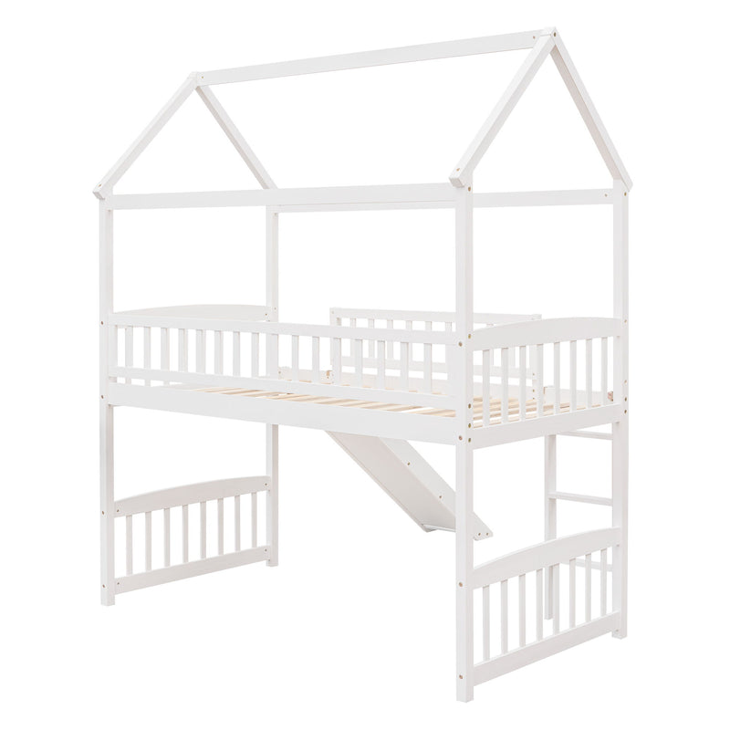 DreamHaus loft bed with slide, featuring a sturdy wooden frame, ladder, and playful slide for kids' bedroom fun.