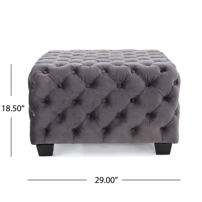 Noble House modern glam upholstered ottoman with button tufted design and plush fabric, perfect for contemporary living spaces.