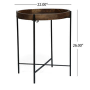Modern industrial round end table with tray top and foldable iron legs, natural finish, by Noble House.