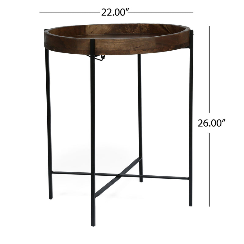 Modern industrial round end table with tray top and foldable iron legs, natural finish, by Noble House.