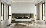 Breslow + Lago - Modern Dark Taupe Fabric + Faux Travertine 4-Piece Bedroom Set
