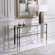 Uttermost Kentmore glass console table with sleek metal frame and clear glass top, modern accent piece for living or entryway.