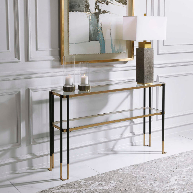 Uttermost Kentmore glass console table with sleek metal frame and clear glass top, modern accent piece for living or entryway.