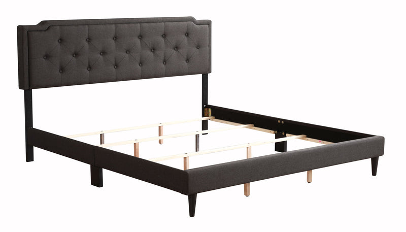 Button tufted upholstered bed by Glory Furniture with a cozy, plush design and elegant tufted headboard for a charming bedroom look.