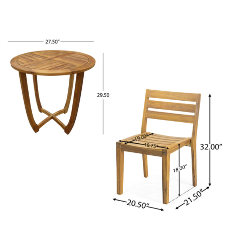 Noble House outdoor 3-piece teak dining set with table and two chairs on patio for al fresco dining.