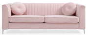 Delray micro suede stationary sofa by Glory Furniture, featuring plush cushions and modern design for living room comfort.