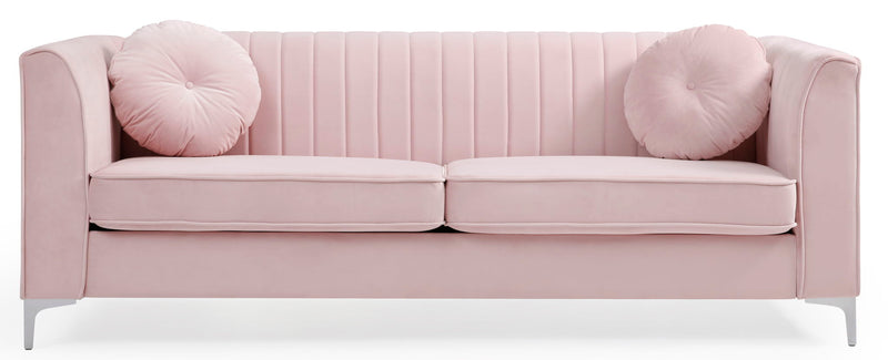 Delray micro suede stationary sofa by Glory Furniture, featuring plush cushions and modern design for living room comfort.