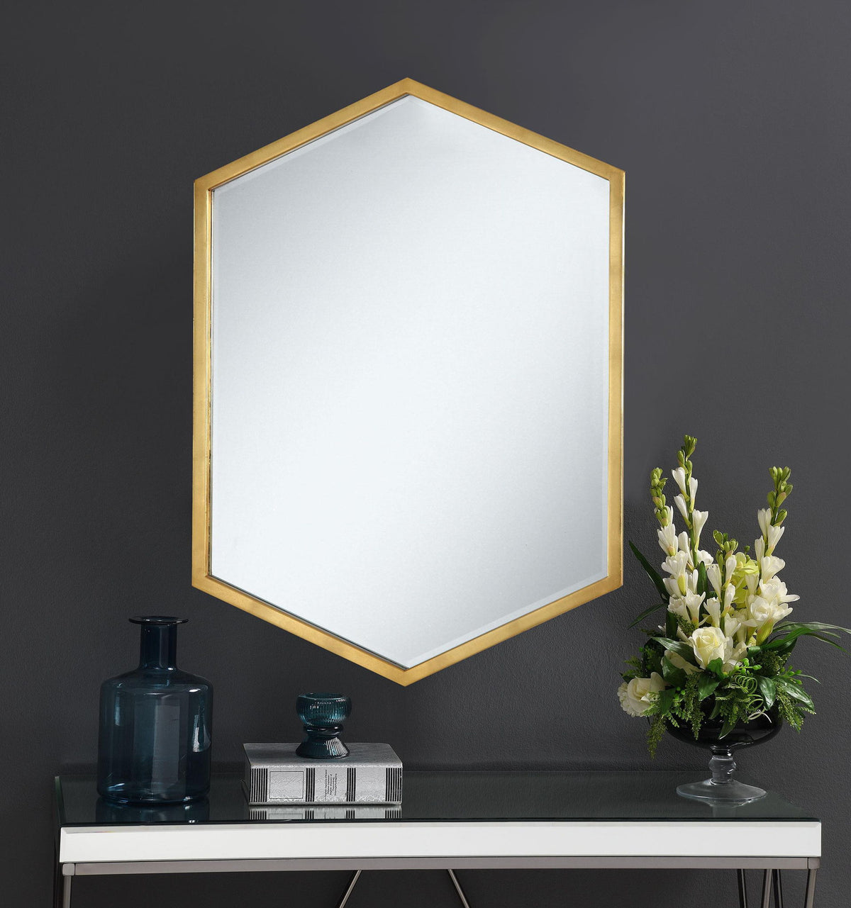 Bledel 24 x 34 Inch Hexagonal Wall Mirror Gold