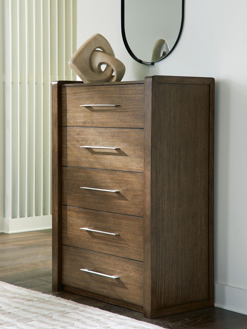Benchcraft® Marxmore five drawer brown accent chest with sleek design and metal handles, showcasing its spacious storage drawers.