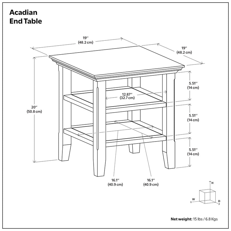 Handcrafted Acadian end table by Simpli-Home featuring a wooden surface and sturdy legs, ideal for living room or bedroom use.