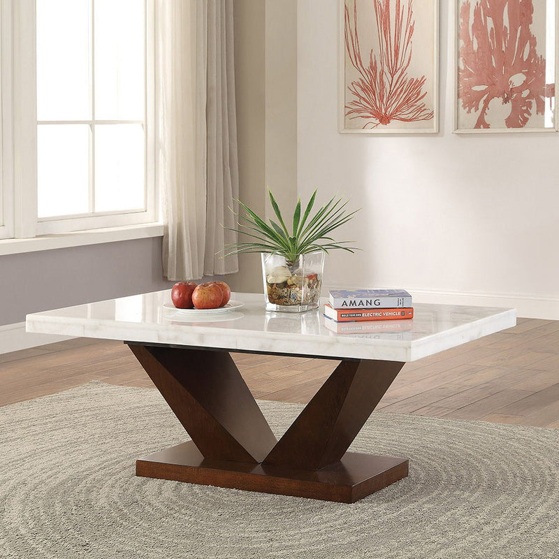 Forbes - Coffee Table - White Natural Marble Top & Walnut - R&R Furniture Gallery (Fountain Valley, CA)