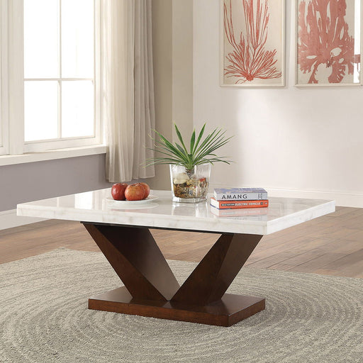 Forbes - Coffee Table - White Natural Marble Top & Walnut - R&R Furniture Gallery (Fountain Valley, CA)