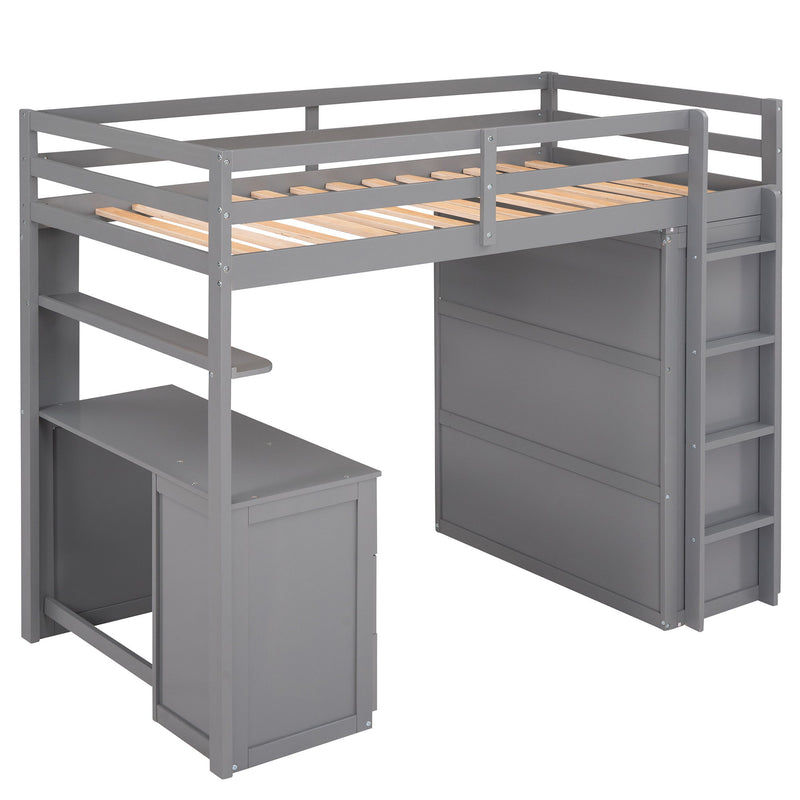 DreamHaus loft bed with integrated drawers, desk, and wardrobe for space-saving bedroom organization, shown in a modern bedroom setting.