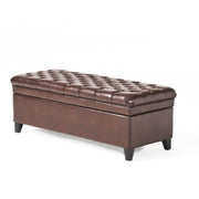 Noble House Juliana storage ottoman with white fabric and birch wood legs, versatile furniture piece for living room storage
