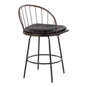 Lumi Source Riley Claire farmhouse counter stool set with swivel, fixed height, round footrest, featuring wooden seats and metal frames.