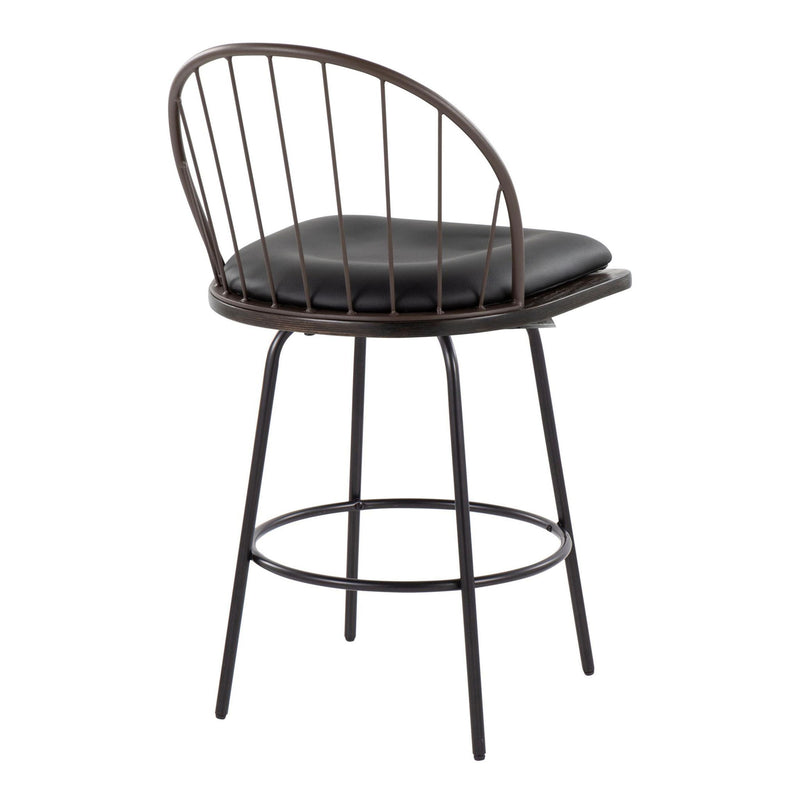 Lumi Source Riley Claire farmhouse counter stool set with swivel, fixed height, round footrest, featuring wooden seats and metal frames.