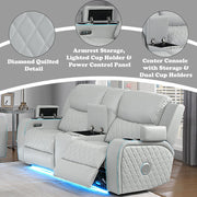 Elonzo - Power Motion Loveseat With Console, LED, Power Headrest & Speaker - Light Gray - R&R Furniture Gallery (Fountain Valley, CA)
