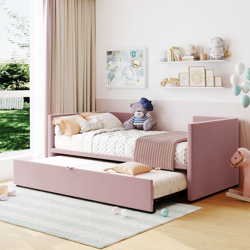 Twin size upholstered daybed with pop-up trundle by Halcyon Home, showcasing plush fabric and space-saving design.