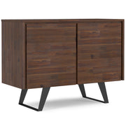 Simpli-Home Lowry 2-door brown sideboard buffet with sleek wood finish and modern design for living or dining room storage.
