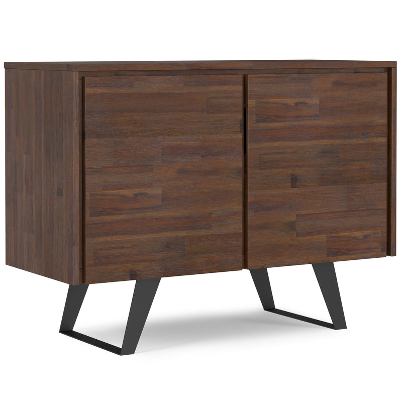 Simpli-Home Lowry 2-door brown sideboard buffet with sleek wood finish and modern design for living or dining room storage.