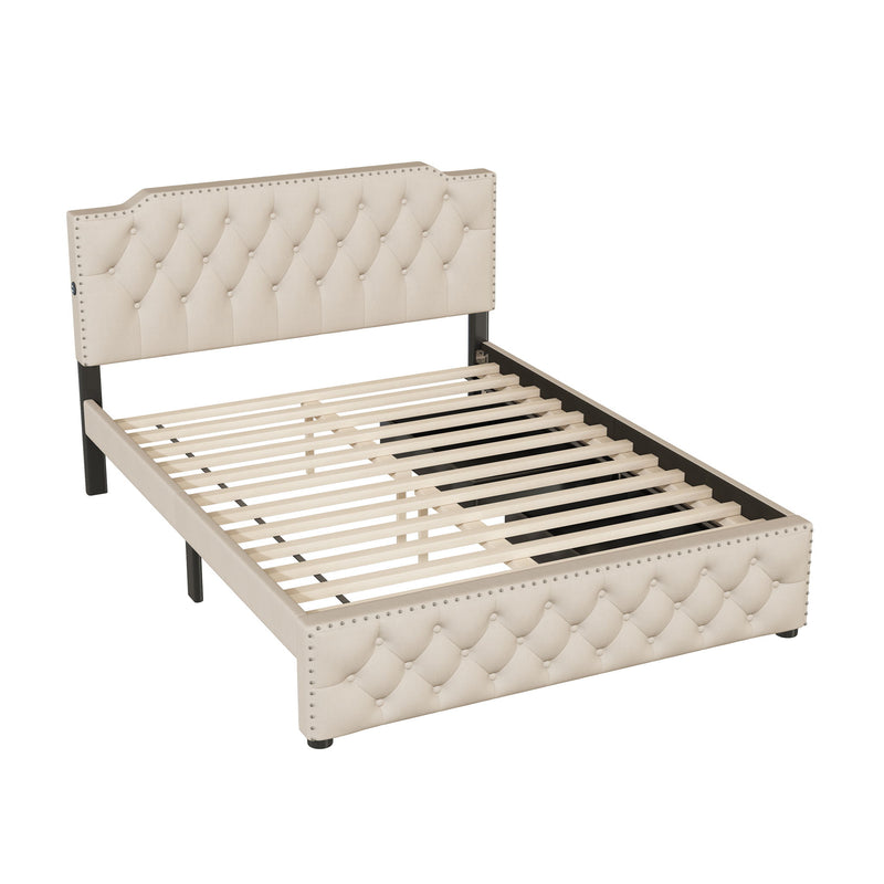 Upholstered Platform Bed With 2 Drawers And 2 Sets Of USB Ports On Each Side, Fabric - R&R Furniture Gallery (Fountain Valley, CA)