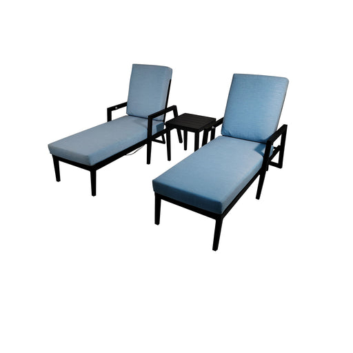 3 Piece Outdoor Patio Lounge Set, 2 Chaise & 1 End Table With Tapered Feet, Pneumatic Adjustable Backrest, Wheels, Sunbrella Cushion - Ember Black / Blue - R&R Furniture Gallery (Fountain Valley, CA)