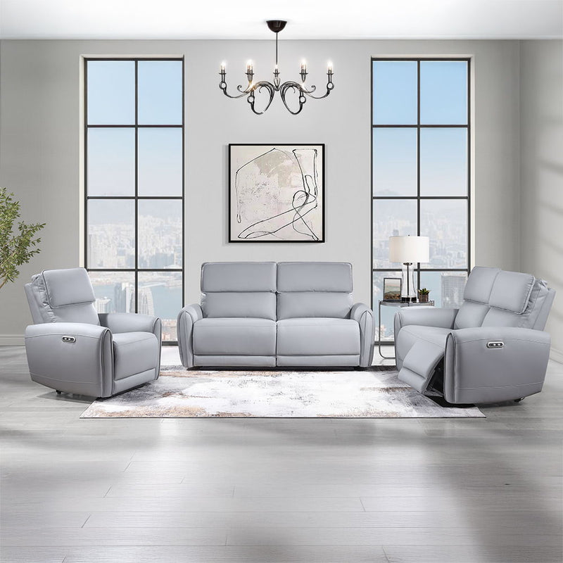 Gray synthetic leather ACME Jeromie power motion loveseat with USB port, featuring reclining seats and modern design.