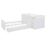 DreamHaus modern loft platform bed with built-in 7 drawers, full guardrails, and L-shaped space-saving design in a contemporary bedroom.