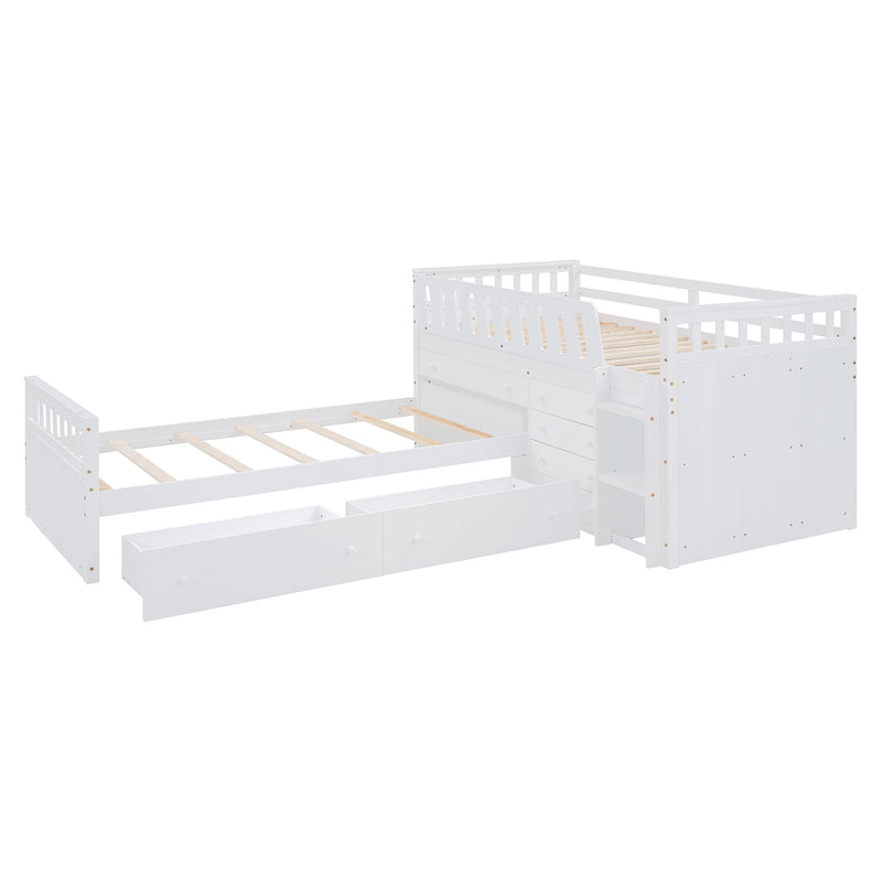 DreamHaus modern loft platform bed with built-in 7 drawers, full guardrails, and L-shaped space-saving design in a contemporary bedroom.