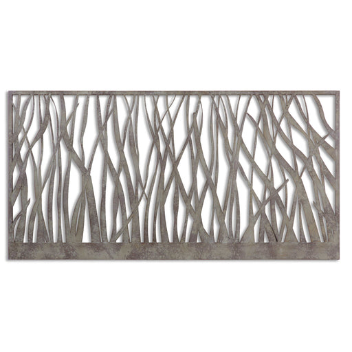Pearl silver metal wall art by Uttermost, featuring intricate, modern wall decor with a sleek, reflective finish.